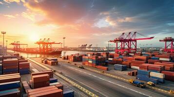 envase carga carga Embarcacion con trabajando grua puente en importar exportar y logística negocio y transporte concepto. generativo ai foto