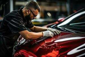 Car detailing series, Worker in protective gloves polishing a car. Generative AI photo