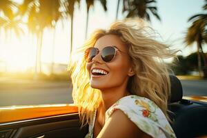 summer holidays, vacation, road trip and people concept - smiling young woman driving convertible car. Generative AI photo