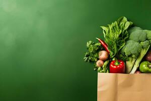 Shopping bag full of fresh organic vegetables on green background. Healthy food concept.  Generative AI photo