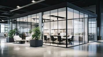 Interior of modern open space office with black walls, concrete floor, rows of computer tables and glass doors.  Generative AI photo