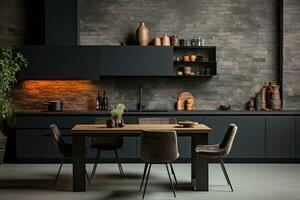 lujo cocina interior diseño con negro paredes, hormigón piso, oscuro de madera encimeras, negro armarios y comida mesa con negro sillas. generativo ai foto