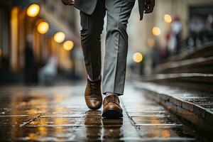 Close up young businessman feet sprinting up stairs office middle image.  Generative AI photo