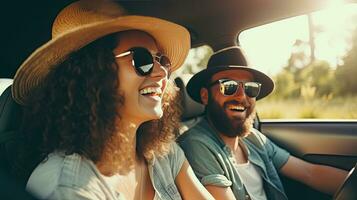 transport, road trip, technology and people concept - smiling couple driving in car, travel concept. Generative A photo