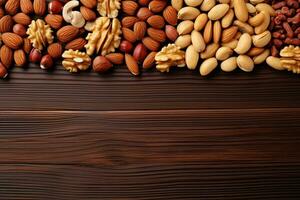 Almond nuts on wooden background. Top view with copy space. Generative AI photo