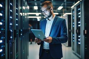 Handsome young businessman using digital tablet while standing in server room.  Generative AI photo