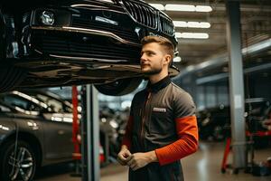 selective focus of handsome auto mechanic in uniform repairing car in auto repair shop. Generative AI photo