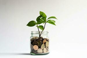 Plant growing out of coins in glass jar on white background. Saving money concept. Generative AI photo