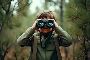 Little boy looking through binoculars in the park. Kid exploring nature.  Generative AI photo