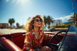 summer holidays, vacation, road trip and people concept - smiling young woman driving convertible car. Generative AI photo