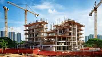 Construction site with cranes and building under construction, panoramic view. Generative AI photo