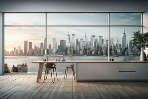 Luxury kitchen interior with white marble countertop, sink and window with panoramic view. Generative AI photo