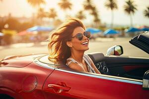 summer holidays, vacation, road trip and people concept - smiling young woman driving convertible car. Generative AI photo