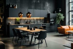 lujo cocina interior diseño con negro paredes, hormigón piso, oscuro de madera encimeras, negro armarios y comida mesa con negro sillas. generativo ai foto