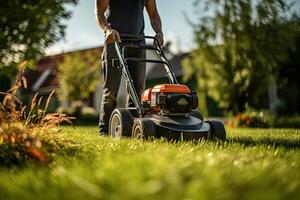 hombre siega el césped con un césped cortacésped en el jardín. jardinería concepto generativo ai foto