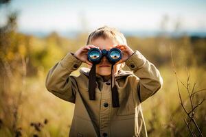 Little boy looking through binoculars in the park. Kid exploring nature.  Generative AI photo