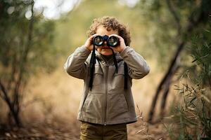 Little boy looking through binoculars in the park. Kid exploring nature.  Generative AI photo