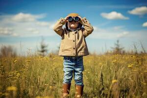 Little boy looking through binoculars in the park. Kid exploring nature.  Generative AI photo