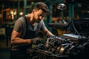 coche mecánico trabajando en auto reparar tienda. hermoso joven hombre en uniforme trabajando con coche motor. generativo ai foto