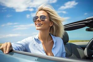 verano vacaciones, vacaciones, la carretera viaje y personas concepto - sonriente joven mujer conducción convertible coche. generativo ai foto