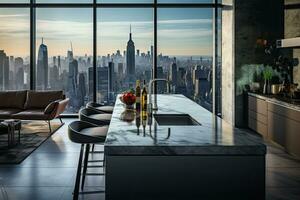 Luxury kitchen interior with white marble countertop, sink and window with panoramic view. Generative AI photo