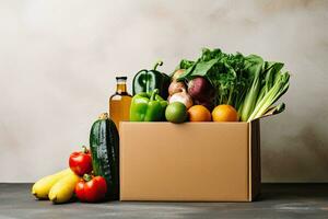 Box with fresh organic vegetables and fruits. Healthy food shopping concept. Generative AI photo