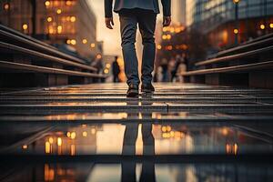 Close up young businessman feet sprinting up stairs office middle image.  Generative AI photo