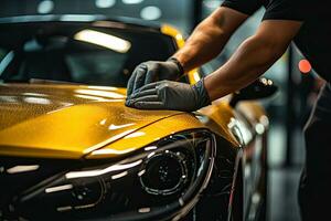 Car detailing series, Worker in protective gloves polishing a car. Generative AI photo