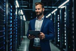 Handsome young businessman using digital tablet while standing in server room.  Generative AI photo