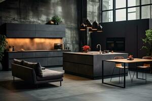 lujo cocina interior diseño con negro paredes, hormigón piso, oscuro de madera encimeras, negro armarios y comida mesa con negro sillas. generativo ai foto