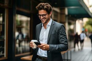 Handsome businessman using smartphone and holding coffee cup while in the city. Generative AI photo