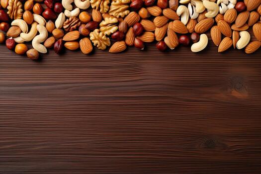 Almond nuts on wooden background. Top view with copy space. Generative AI photo