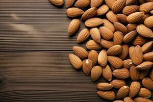 Almond nuts on wooden background. Top view with copy space. Generative AI photo