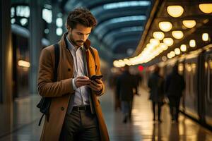 handsome businessman using smartphone while in the city. Generative AI photo