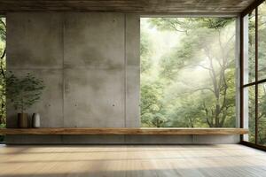 Interior of modern loft with concrete floor and panoramic windows.  Generative AI photo