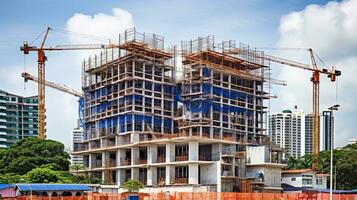 Construction site with cranes and building under construction, panoramic view. Generative AI photo