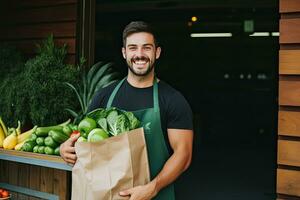 A young man carries a shopping bag full of fruits and vegetables. Food delivery service.  Generative AI photo