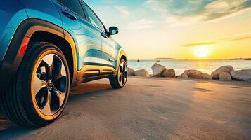 coche en el playa a puesta de sol. concepto de viaje y vacaciones. generativo ai foto