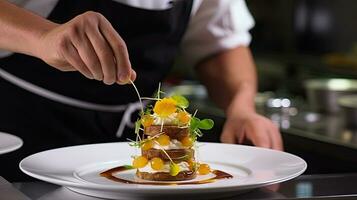 Chef decorating delicious appetizer on plate in restaurant kitchen, closeup. Generative AI photo