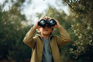 Little boy looking through binoculars in the park. Kid exploring nature.  Generative AI photo