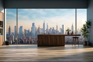 Luxury kitchen interior with white marble countertop, sink and window with panoramic view. Generative AI photo