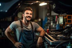 coche mecánico trabajando en auto reparar tienda. hermoso joven hombre en uniforme trabajando con coche motor. generativo ai foto