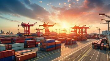 envase carga carga Embarcacion con trabajando grua puente en importar exportar y logística negocio y transporte concepto. generativo ai foto