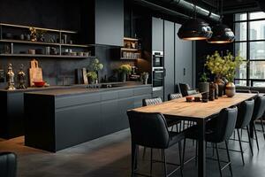 lujo cocina interior diseño con negro paredes, hormigón piso, oscuro de madera encimeras, negro armarios y comida mesa con negro sillas. generativo ai foto