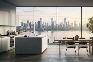 Luxury kitchen interior with white marble countertop, sink and window with panoramic view. Generative AI photo