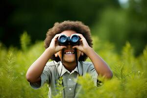 Little boy looking through binoculars in the park. Kid exploring nature.  Generative AI photo