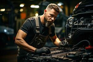 Car mechanic working in auto repair shop. Handsome young man in uniform working with car engine. Generative AI photo