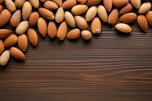 Almond nuts on wooden background. Top view with copy space. Generative AI photo