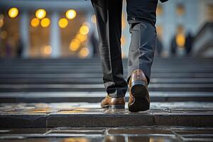 Close up young businessman feet sprinting up stairs office middle image.  Generative AI photo