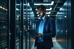 Handsome young businessman using digital tablet while standing in server room.  Generative AI photo
